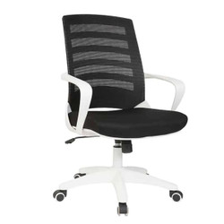White Nite Operator Chair JOF-OCH-4300W, ergonomic office chair with black mesh back and cushioned seat, white armrests and base, and adjustable height for comfortable workspace seating. White Nite Operator Chair JOF-OCH-4300W, ergonomic office chair with black mesh back and cushioned seat, white armrests and base, and adjustable height for comfortable workspace seating.