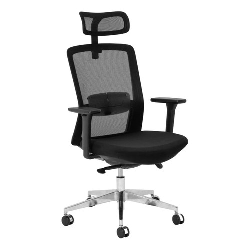 Aila Ergo Therapy Chrome High-Back Office Chair PCL-MHB-AHC, ergonomic office chair with high backrest, adjustable headrest, mesh back for breathability, cushioned seat, and chrome base with wheels.