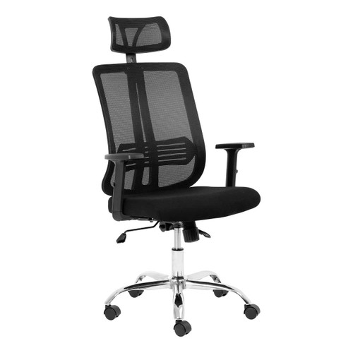 Lenny Chrome High-Back Office Chair PCL-MHB-LHC, black ergonomic office chair with mesh backrest, headrest, adjustable armrests, cushioned seat, and chrome base with caster wheels.