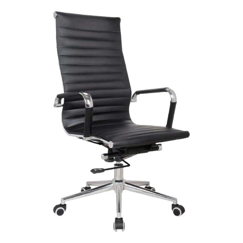 Eames High-Back Office Chair PCL-GHB-EHB, modern black leather executive chair with high backrest, chrome armrests, and adjustable height with wheels for office use.