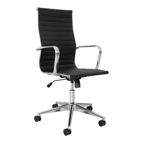 Blaze High-Back Office Chair, black leather upholstery with high back and chrome armrests and base, adjustable height, modern ergonomic design for office comfort.