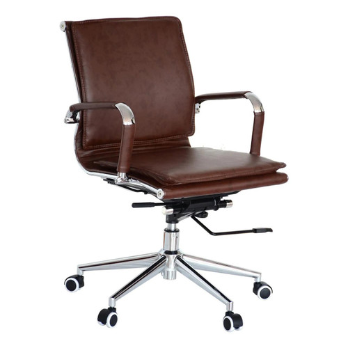 Classic Eames Flat Cushion Medium-Back Office Chair, brown leather upholstered seat with chrome frame and armrests, adjustable height with caster wheels for office use. Classic Eames Flat Cushion Medium-Back Office Chair, brown leather upholstered seat with chrome frame and armrests, adjustable height with caster wheels for office use.