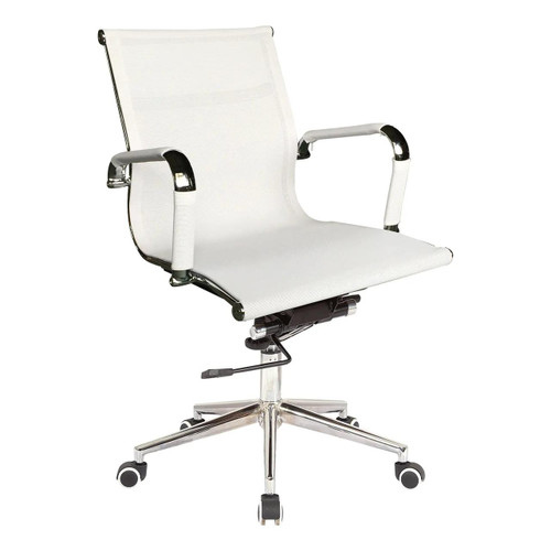 Classic Eames Netting Medium-back Office Chair, white ergonomic office chair with chrome armrests and base, adjustable height, and caster wheels for mobility.