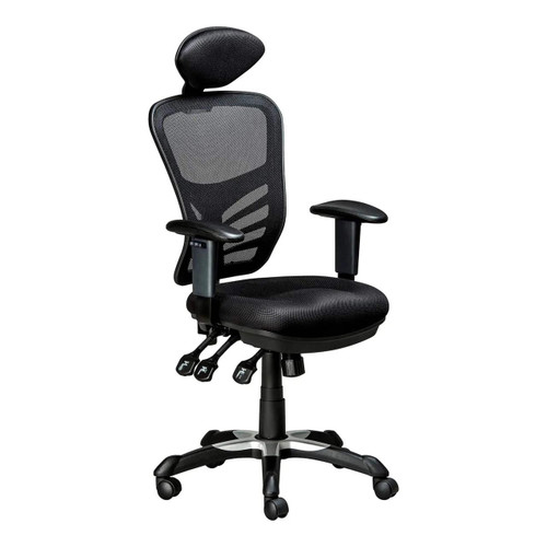 Ergonet 3 High-back Office Chair with Headrest, black ergonomic office chair with adjustable armrests, headrest, mesh backrest, and cushioned seat.