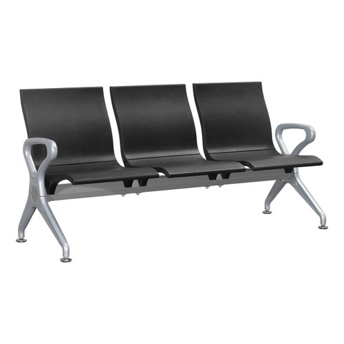 Three Seater Polyurethane Airport Seating Bench JOF-PBS-PPS-3, modern black seating with silver armrests and sturdy metal frame.