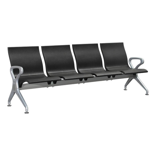 Four Seater Polyurethane Airport Seating Bench JOF-PBS-PPS-4-1, modern black and silver airport waiting bench with four seats and armrests.