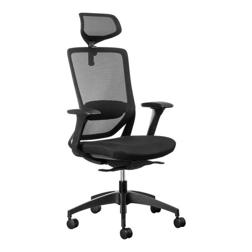 Fenix Mesh High-Back Office Chair with Headrest, ergonomic black office chair with adjustable headrest, mesh backrest, cushioned seat, armrests, and rolling casters for comfortable workspace seating.