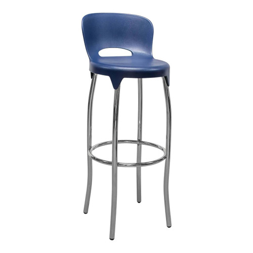 Asteroid Bar Chair, modern blue bar stool with molded plastic seat and chrome metal legs.