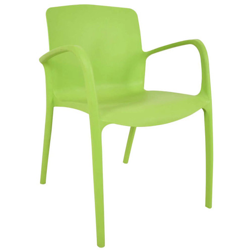 Marilyn Arm Café Chair, lime green plastic outdoor lounge chair with armrests and a modern design.