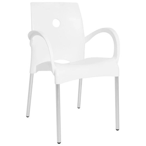 Modern Stack Café Chair RAC-1193282-1, a sleek white modern chair with a unique backrest design and curved armrests, suitable for contemporary cafe or restaurant settings.