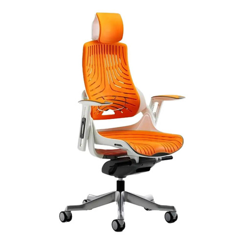 Merryfair WAU Chair, ergonomic office chair with orange mesh backrest, adjustable armrests, and a cushioned seat, designed for comfort and support in the workspace. Merryfair WAU Chair, ergonomic office chair with orange mesh backrest, adjustable armrests, and a cushioned seat, designed for comfort and support in the workspace.