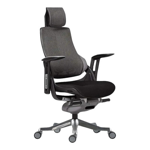 Merryfair Wau-Ergo High Back Chair, black ergonomic office chair with mesh backrest, adjustable armrests, padded seat, and tilt mechanism.