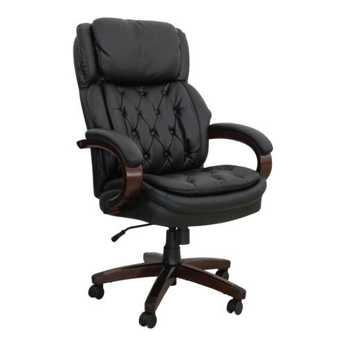 President High-back Chair ISC-HCH-PHC, black leather office chair with tufted cushioning and wood armrests.