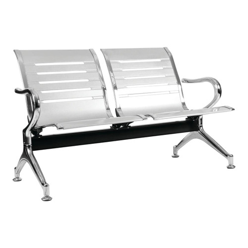 Express Airport Bench 2 Seater, sleek silver metallic design with armrests and sturdy black base for airport seating. Express Airport Bench 2 Seater, sleek silver metallic design with armrests and sturdy black base for airport seating.