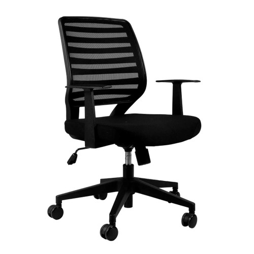 Neptune Operators Chair, ergonomic black office chair with mesh backrest, adjustable armrests, and five-star wheeled base.