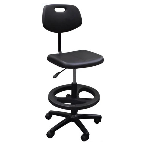 Q17 Industrial Polyurethane Draughtsman Chair ISC-DCH-Q17, black ergonomic office chair with adjustable height, backrest, and swivel base with wheels.