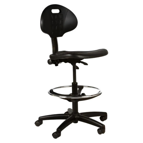 Q20 Industrial Polyurethane Draughtsman Chair ISC-BCH-Q20I, black ergonomic drafting chair with adjustable height, foot ring, and swivel base. Q20 Industrial Polyurethane Draughtsman Chair ISC-BCH-Q20I, black ergonomic drafting chair with adjustable height, foot ring, and swivel base.