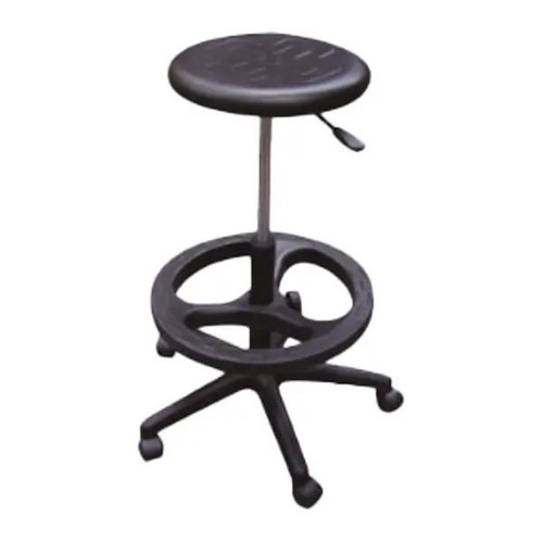 Q26 Industrial Polyurethane Draughtsman Chair, adjustable height ergonomic workspace stool with a round cushioned black seat and five-wheel base for comfort and mobility.