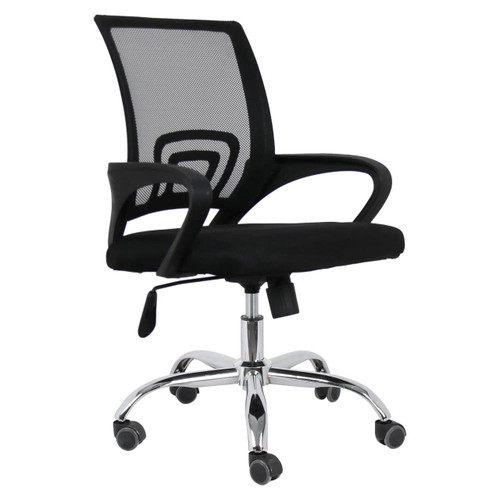 Tippy Operator Chair, ergonomic black mesh office chair with adjustable height, padded seat, armrests, and a chrome base with five caster wheels.