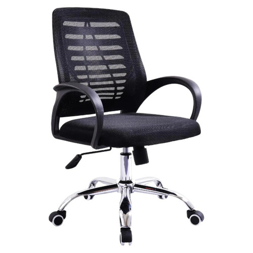 Ital Medium-Back Chair TOC-MCH-CH6601, black ergonomic office chair with mesh backrest, padded seat, adjustable height, and swivel base with caster wheels.