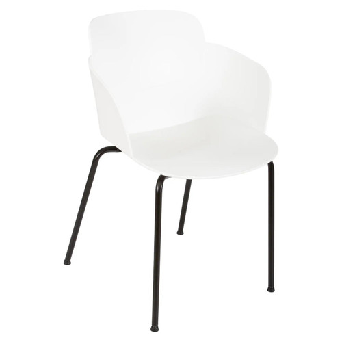 Lotus 4-Legged Restaurant Chair, white seat with black metal legs.