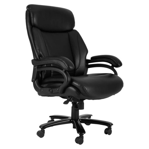 Big and Tall High-back Chair, black executive office chair with padded armrests, adjustable height, and rolling caster wheels.