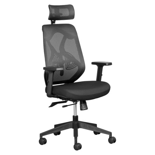 Leila Mesh High-back Office Chair, ergonomic black mesh chair with adjustable armrests and headrest for comfortable seating. Leila Mesh High-back Office Chair, ergonomic black mesh chair with adjustable armrests and headrest for comfortable seating.