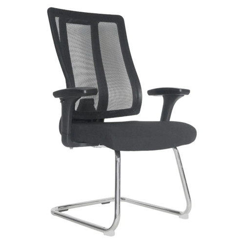 Jankz Human Ergo Visitor Office Chair JOF-VCH-9103, ergonomic black office chair with mesh backrest, padded seat, adjustable armrests, and chrome sled base for comfort and support. Jankz Human Ergo Visitor Office Chair JOF-VCH-9103, ergonomic black office chair with mesh backrest, padded seat, adjustable armrests, and chrome sled base for comfort and support.