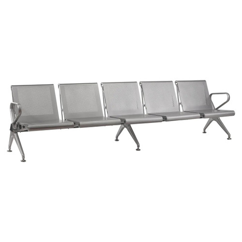 Five Seater New Chrome Deluxe Airport Bench JOF-PBS-NCD-5, modern metallic seating with perforated backrests and armrests in a sleek airport waiting area.
