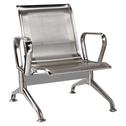 One Seater Stainless Steel Airport Bench JOF-PSB-SSB-1, modern silver-colored seating with perforated backrest and armrests. One Seater Stainless Steel Airport Bench JOF-PSB-SSB-1, modern silver-colored seating with perforated backrest and armrests.