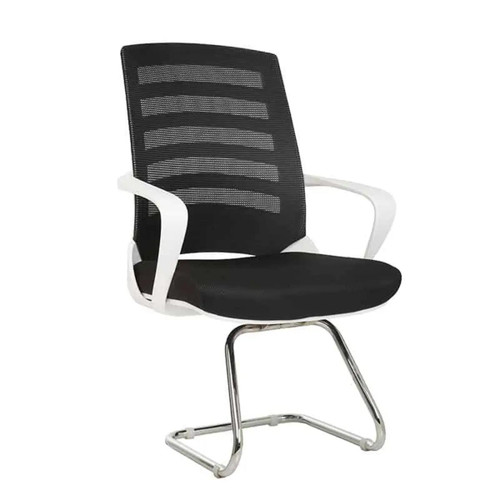 White Nite Visitor Office Chair JOF-VCH-4303W, ergonomic black mesh breathable backrest with white armrests, cushioned black seat, and chrome sled base for office and visitor seating. White Nite Visitor Office Chair JOF-VCH-4303W, ergonomic black mesh breathable backrest with white armrests, cushioned black seat, and chrome sled base for office and visitor seating.