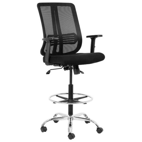 Lenny Chrome Draughtsman Office Chair PCL-DCH-LEN-CHR, black ergonomic office chair with mesh backrest, padded seat, adjustable armrests, and chrome base with casters. Lenny Chrome Draughtsman Office Chair PCL-DCH-LEN-CHR, black ergonomic office chair with mesh backrest, padded seat, adjustable armrests, and chrome base with casters.