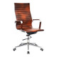 Classic Eames High-back Office Chair, wooden ergonomic chair with a high backrest, polished chrome armrests, and a sturdy metal base with caster wheels.