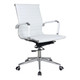 Classic Eames Medium-Back Office Chair, white leather chair with chrome armrests and base, adjustable height, and rolling casters.