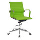 Classic Eames Medium-Back Office Chair, vibrant green fabric with chrome armrests and base, adjustable height, and wheeled legs.