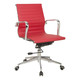 Classic Eames Medium-Back Office Chair, ergonomic office chair with red leather seat and backrest, chrome armrests and base, adjustable height, and swivel caster wheels.