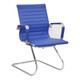 Classic Eames Visitor Office Chair JOF-GVC-2803-1, blue leather cushioned seat with horizontal stitching, chrome frame with armrests.