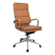Classic Eames Cushion High-Back Office Chair, tan leather upholstered ergonomic office chair with high backrest, adjustable height, and rolling casters for mobility.
