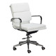 Classic Eames Cushion Medium-Back Office Chair, white cushioned seat and backrest with polished chrome armrests and base, adjustable height, and rolling casters.