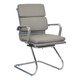 Classic Eames Cushion Visitor Office Chair, modern office chair with beige cushioned seat and backrest, chrome armrests, and sled base frame.
