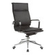 Classic Eames Flat Cushion High-Back Office Chair, black leather upholstery with a chrome frame and adjustable height mechanism.