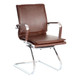 Classic Eames Flat Cushion Visitor Office Chair, brown leather upholstery with chrome and wood armrests, and a modern sled base design.