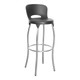 Asteroid Bar Chair, modern black bar stool with a curved plastic seat and cut-out handle, supported by sleek chrome metal legs with a footrest.