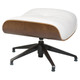 Eames Lounger High-back Office Chair with Footrest, modern ergonomic office chair featuring a white cushioned seat, wooden side panels, and a black metal five-star base with casters.