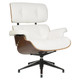 Eames Lounger High-back Office Chair with Footrest, modern white leather chair with wooden accents and adjustable footrest, ergonomic design, black metal base with wheels for mobility.