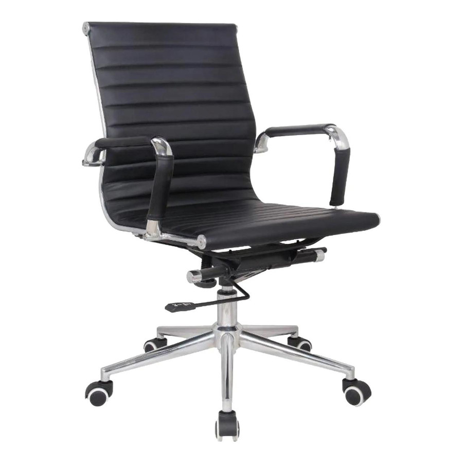 Eames Medium-Back Office Chair, a sleek black leather office chair with chrome accents and adjustable features.