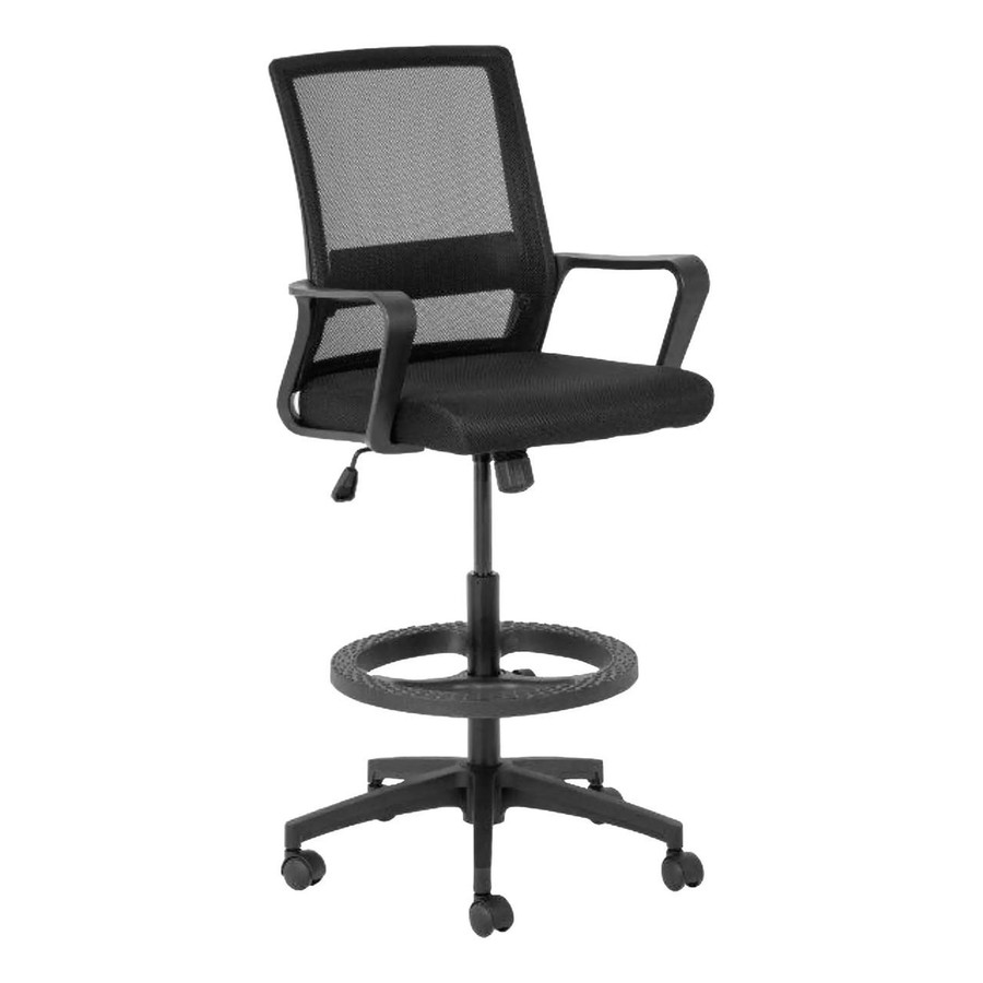 Cindy Draughtsman Office Chair PCL-DCH-CPD, ergonomic black office chair with mesh backrest, adjustable height, armrests, and a swivel base with caster wheels.