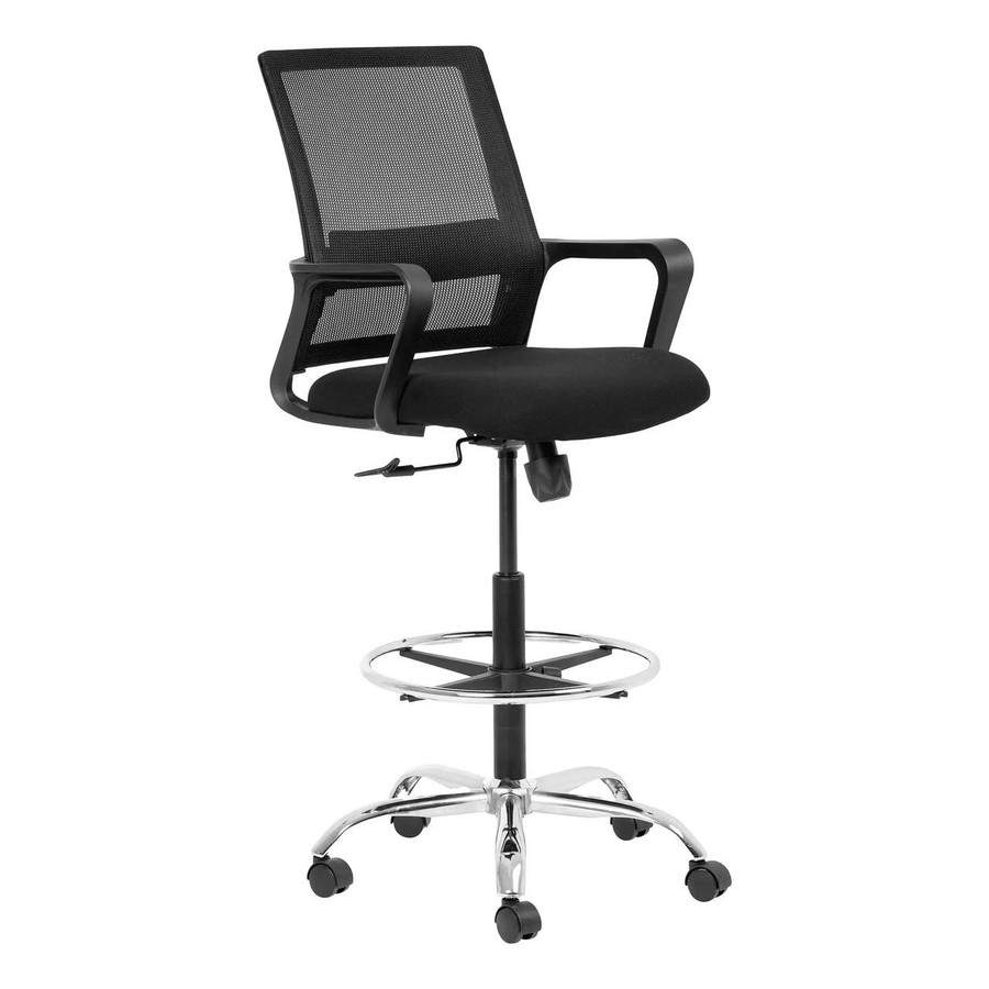 Cindy Chrome Draughtsman Office Chair PCL-DCH-CCD, ergonomic black office chair with chrome accents, mesh backrest, adjustable height, armrests, and swivel casters for comfortable seating.