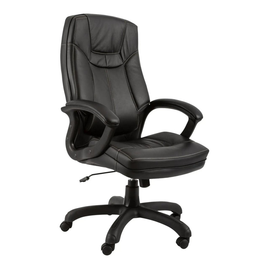 Stallion High-Back Office Chair CEC-HCH-STA, black leather ergonomic office chair with cushioned high back, adjustable armrests, and rolling caster wheels.