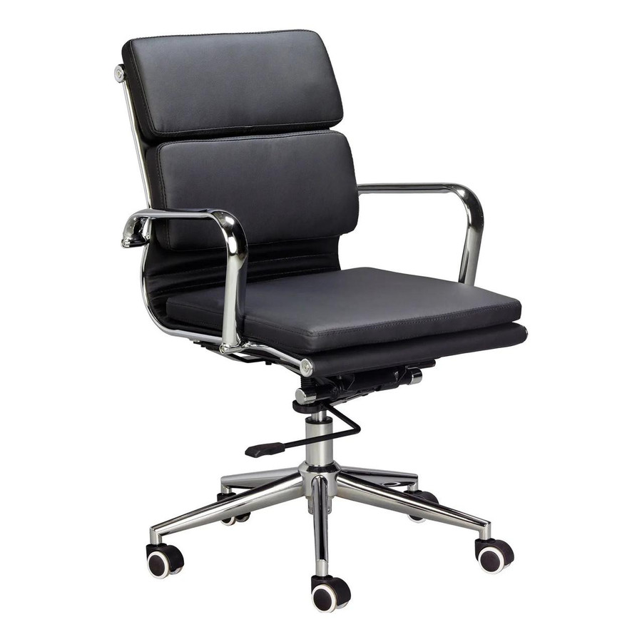 Classic Eames Cushion Medium-Back Office Chair, black leather upholstery with chrome frame and armrests on a caster base.